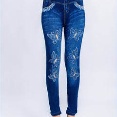 Denim & Butterfly Print Leggings Casual Stretchy Leggings