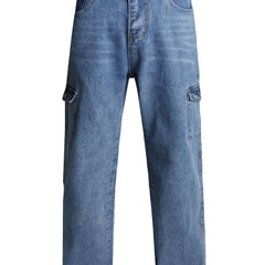 Loose Fit Straight Jeans Wide Leg Flap Pockets Non Stretch Casual Denim Pants