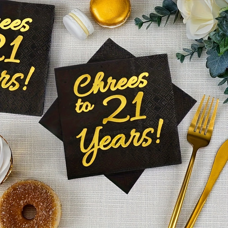 20pcs Gold 21st Birthday Luncheon Napkins: Cheers to 21st Birthday Party Decor