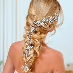Long Flower Bridal Headbands Golden Silver Faux Pearl Crystal Hair Vines