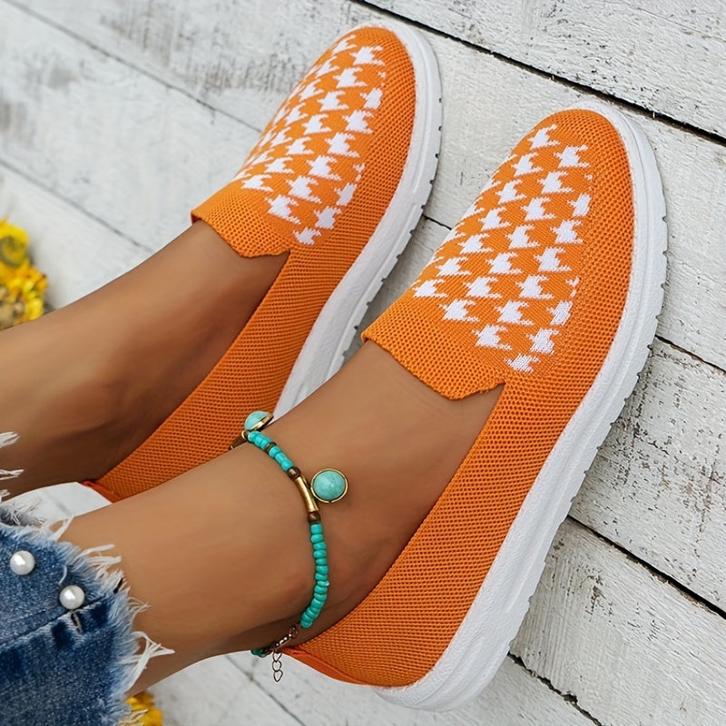 Women's Houndstooth Mesh Slip On Low Round Toe Non slip Soft Shoes