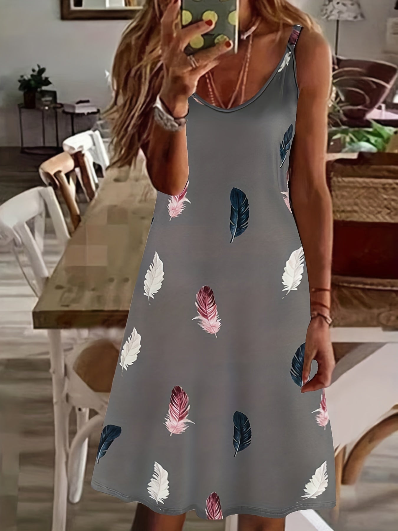Feather Print Cami Dress Sexy Sleeveless Summer Midi Dress Women's Clothing