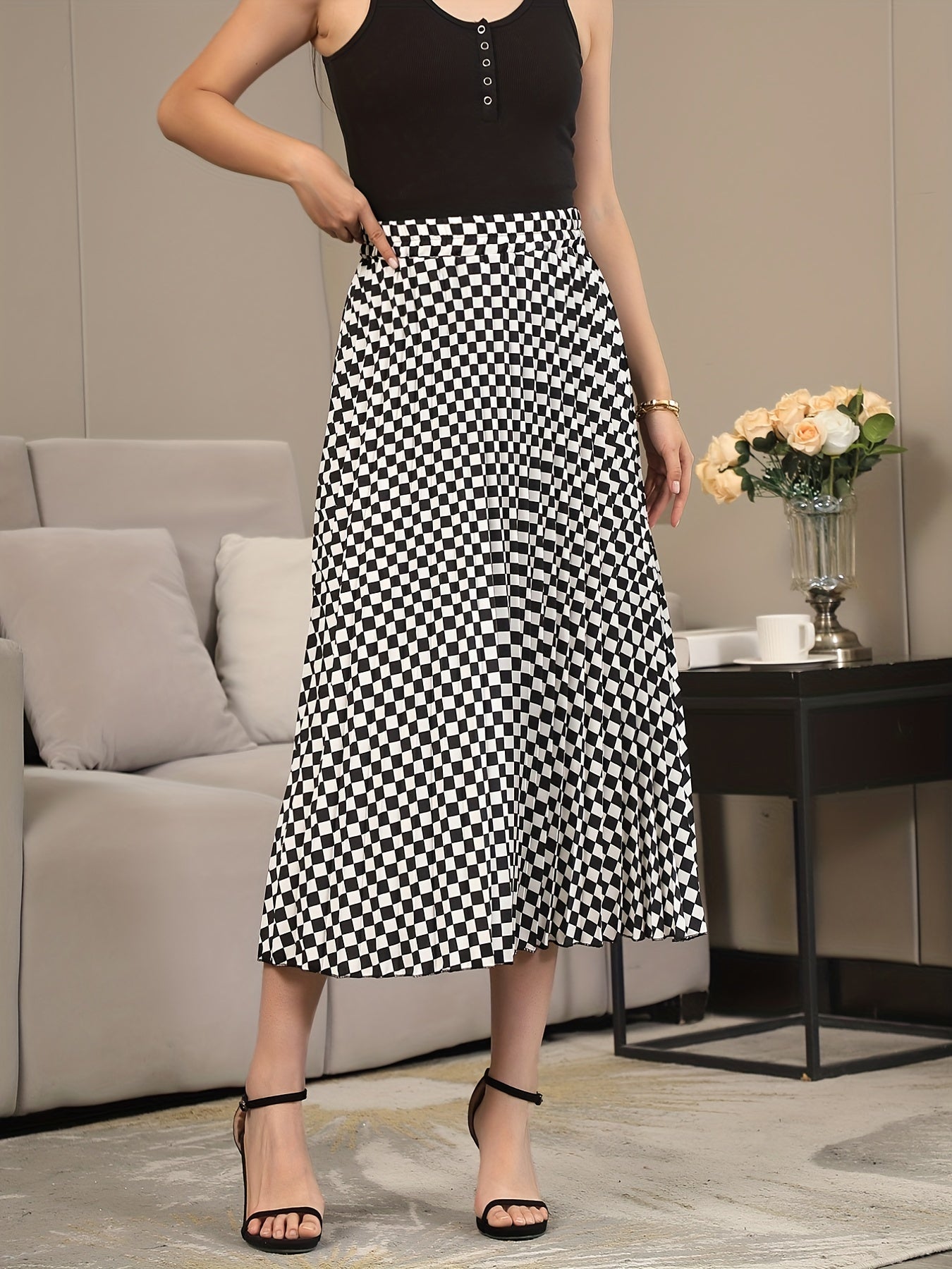 Checkerboard Print Pleated Skirts High Waist Women's Clothing