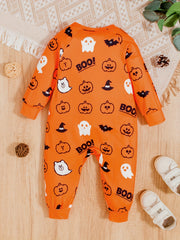 Unisex Baby Halloween BOO Letters Pumpkin Head Ghost Printed Jumpsuit