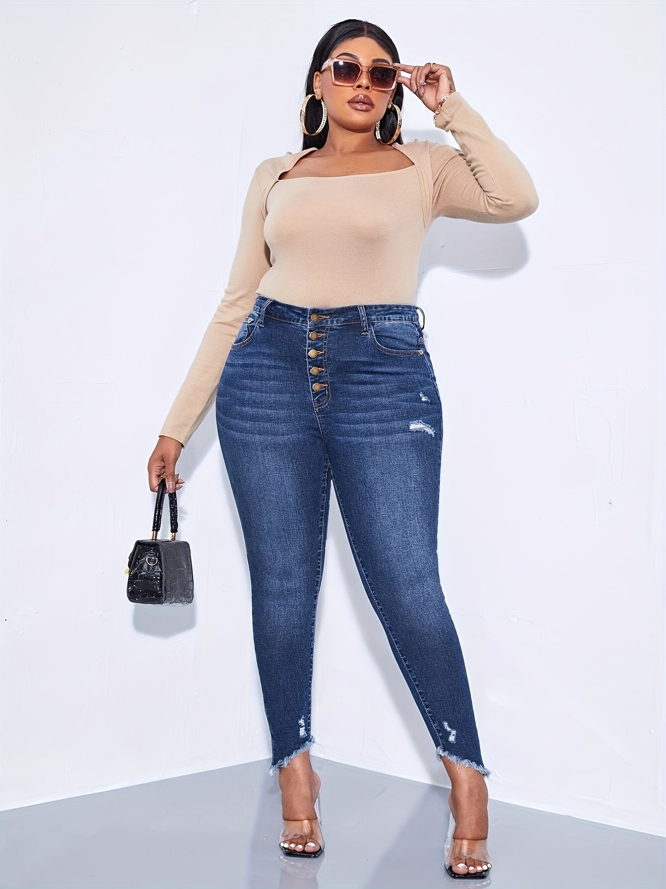 Washed Ripped Fringe High Stretch Jeans