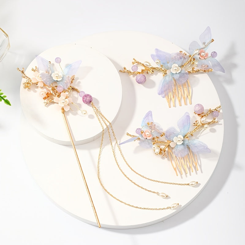 Faux Pearl Butterfly Flower Hairpin Headband Set