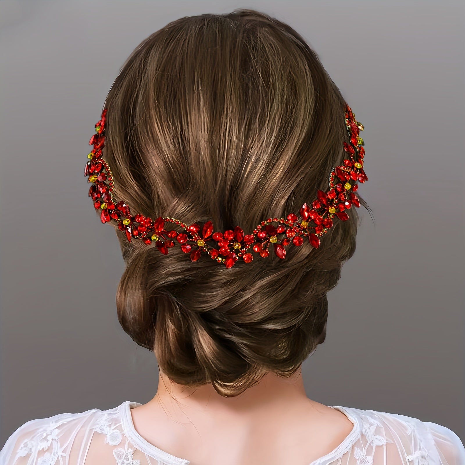 Vintage Red Rhinestone Bridal Headband for Women Floral Sparkling Accents