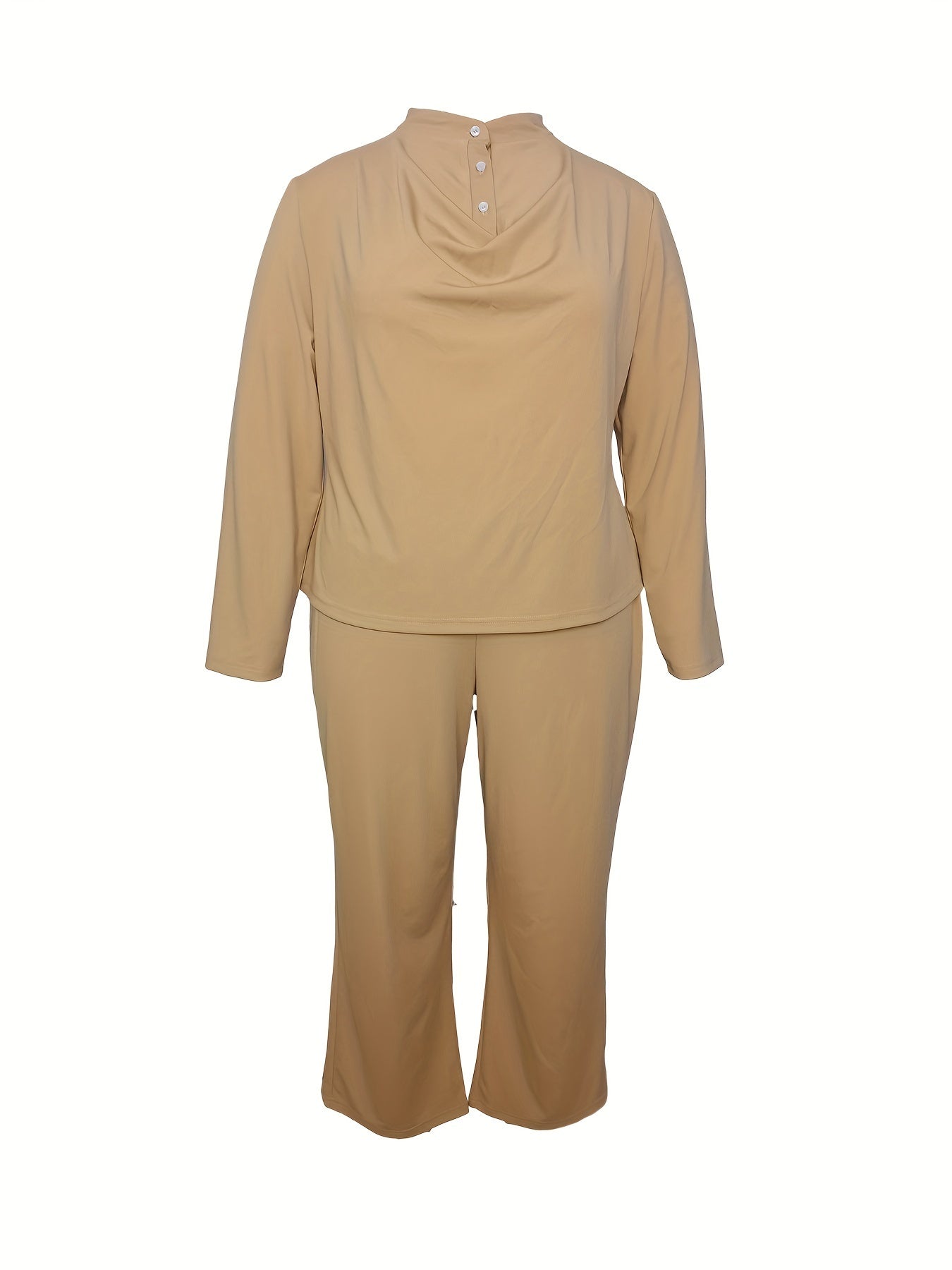 Solid Draped Front Button Up Mock Neck Top & Pants Set