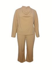 Solid Draped Front Button Up Mock Neck Top & Pants Set