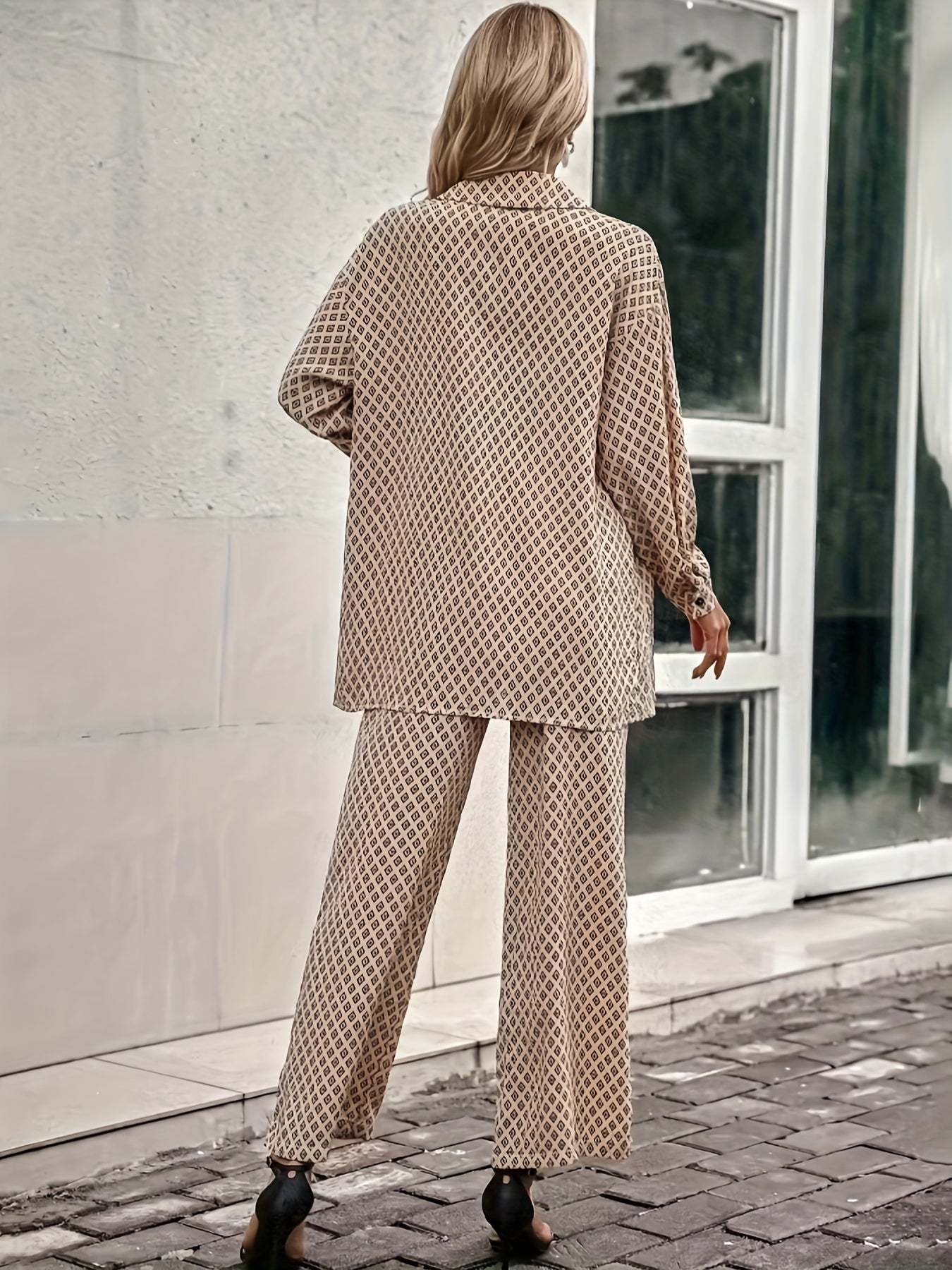 Women's Plus Print Long Sleeve Button Up Shirt & Pants Set