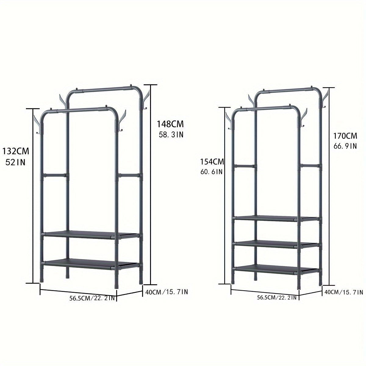 Garment Rack with Double Rods, Lower Storage, and Hooks