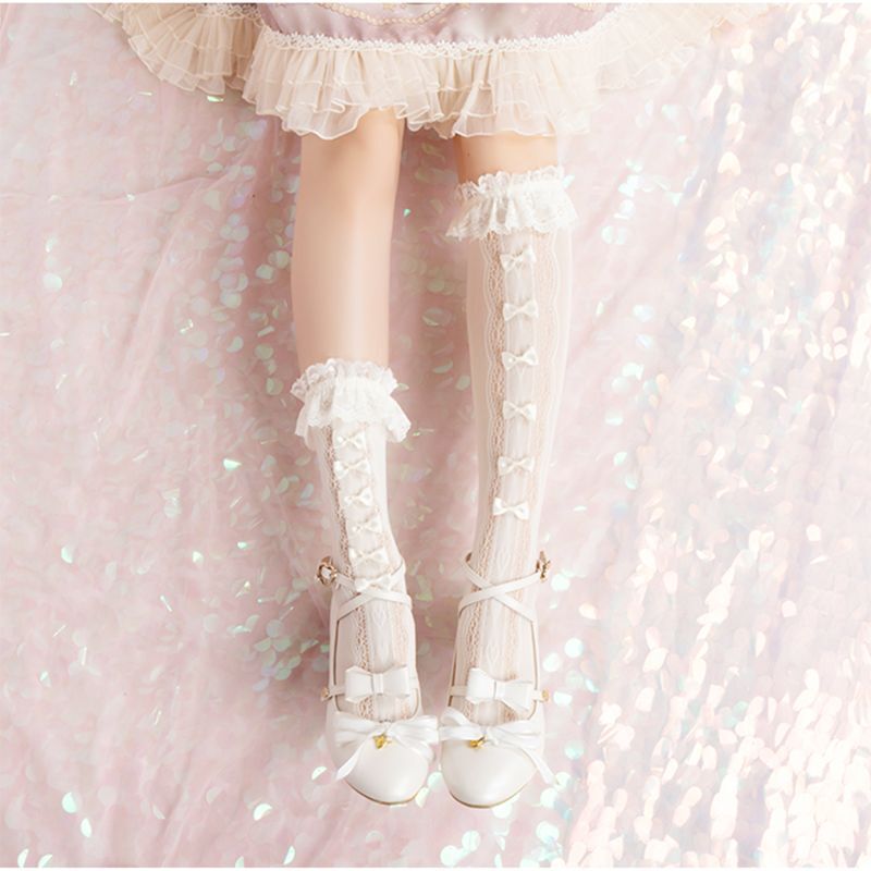 Lace Trim Fishnet BowKnot High Tube Socks
