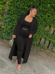 Solid Cop Tank Top & Leggings & Cardigan Outfit Set