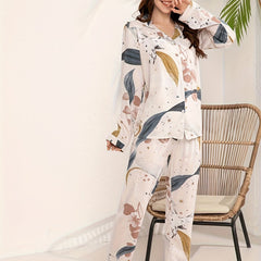 Floral Print Pajama Set Long Sleeve Button Up Top & Elastic Waistband Pants