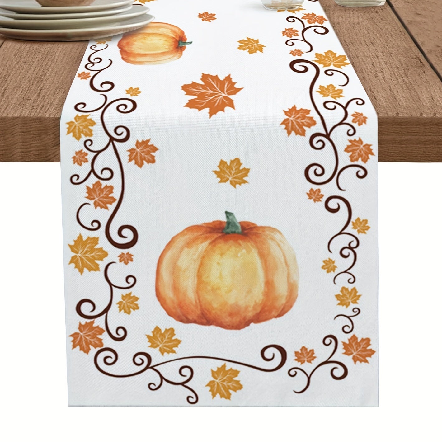 Thanksgiving Pumpkin Maple Leaves Border Table Runner