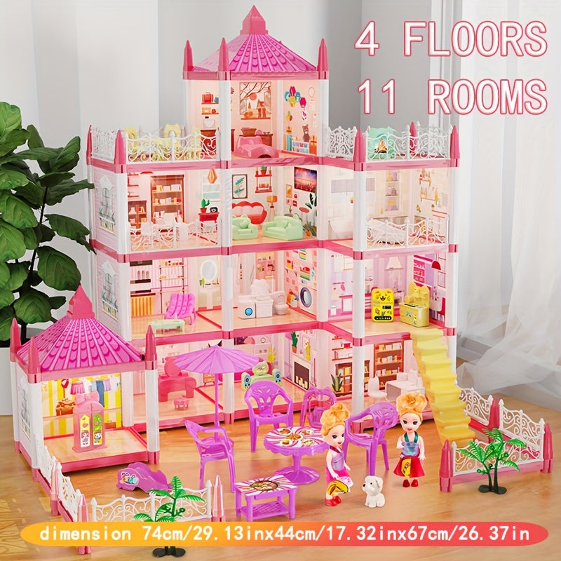 4 Floor Princess Playhouse Dollhouse w/ 11 Rooms Pretend Play Toy