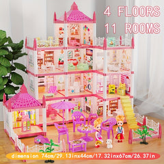 4 Floor Princess Playhouse Dollhouse w/ 11 Rooms Pretend Play Toy