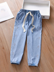 Girl's Embroidered Jeans, Elastic Waist Trousers
