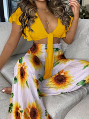 Spring/Summer 2pc Set Cropped Ruffle Trim Tops & Sunflower Wide Leg Pants