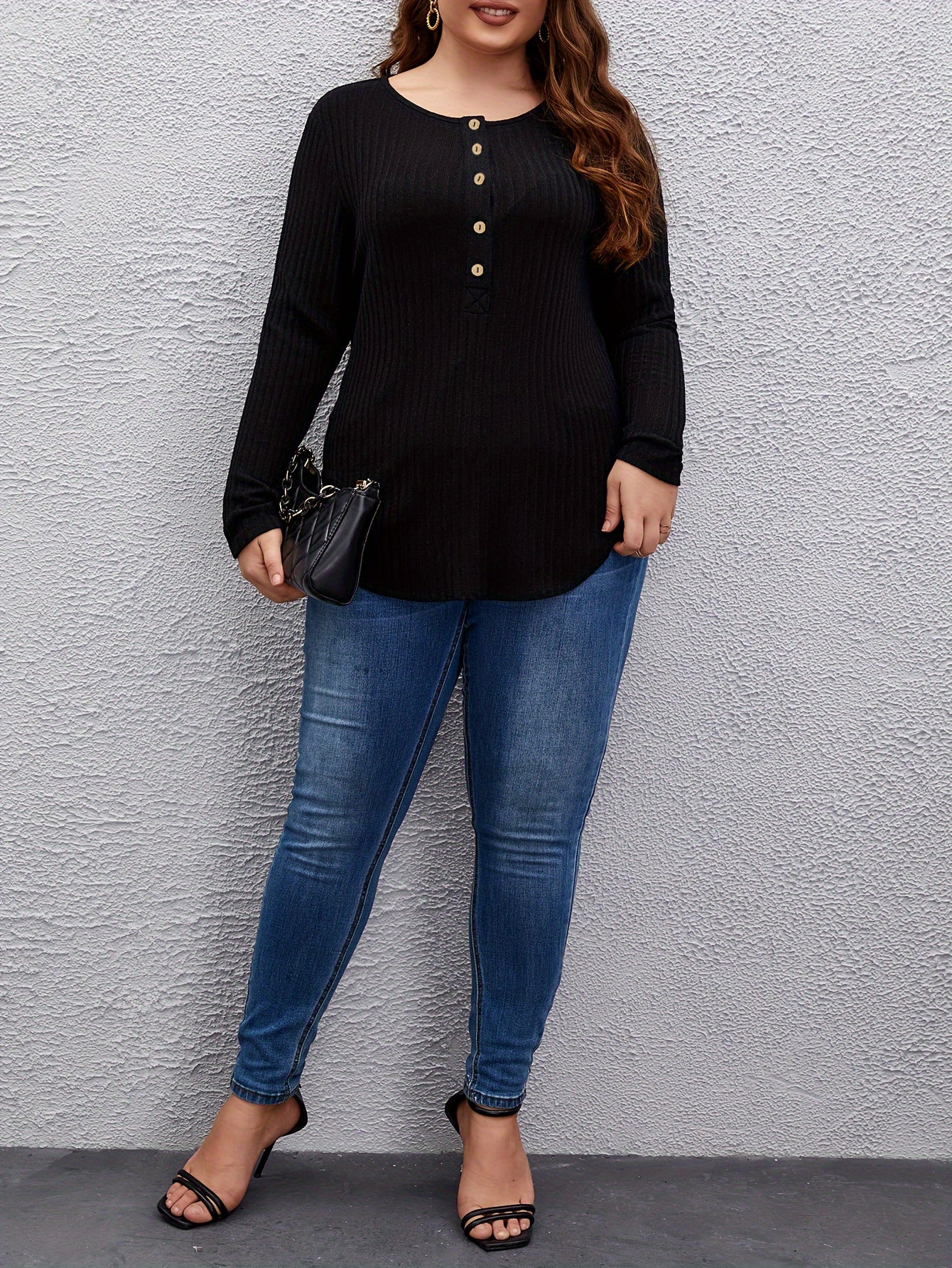 Casual Sweater Solid Button Decor Long Sleeve Crew Neck Top