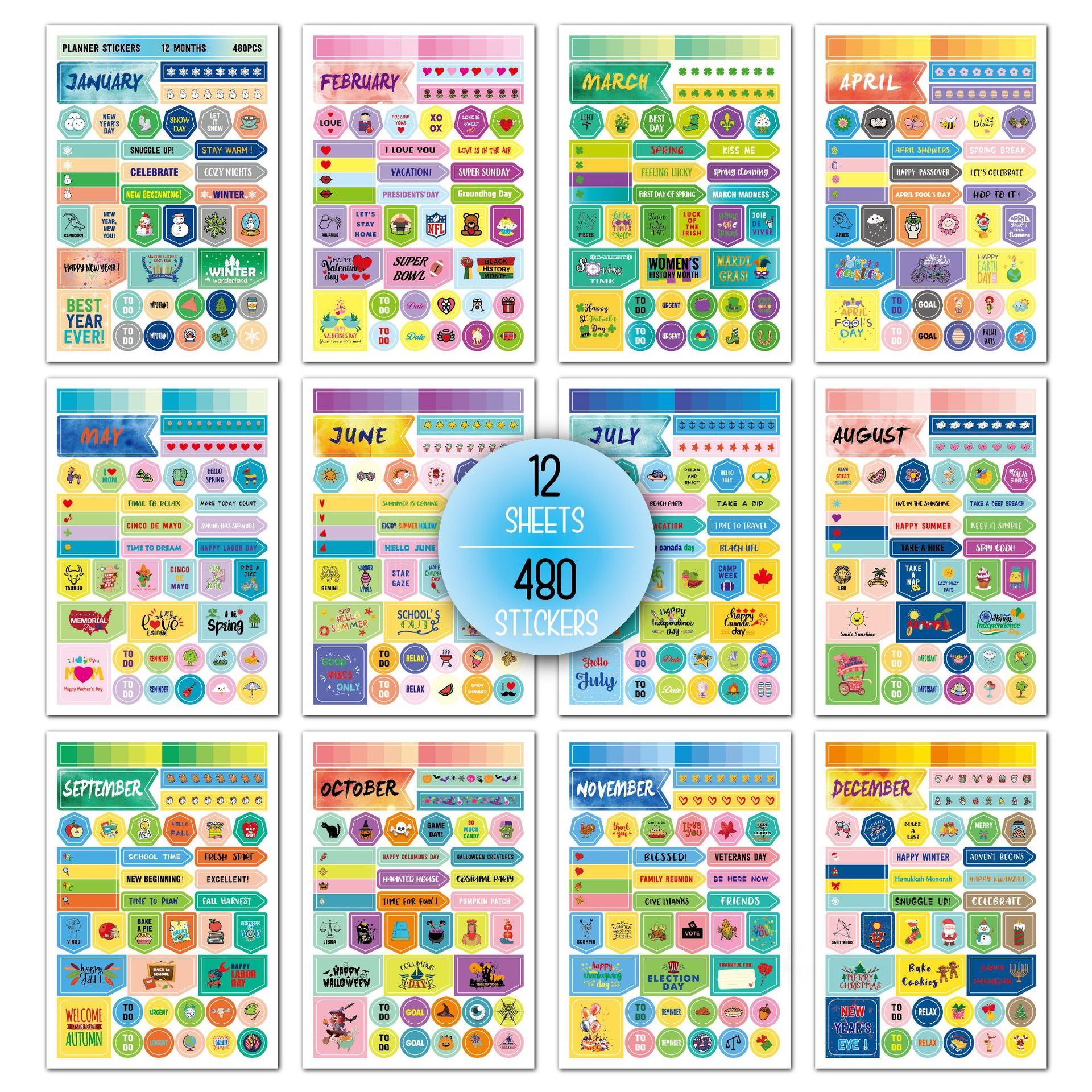 12 Months Planner Stickers 480 Unique Stickers Set