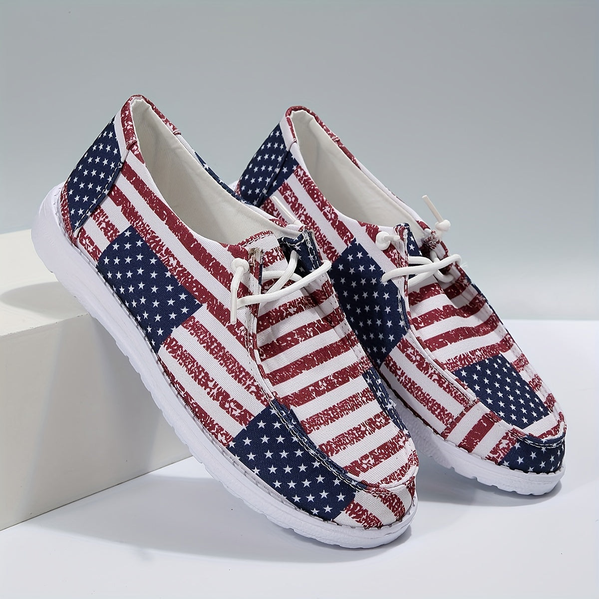 Women's Patriotic Boat Shoes Summer Canvas Lace Up Casual Flat Shoes