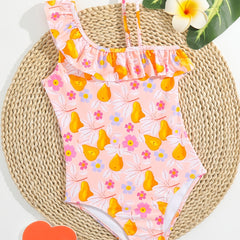 Girls Ruffle Pear Floral Print One Piece Swimsuit