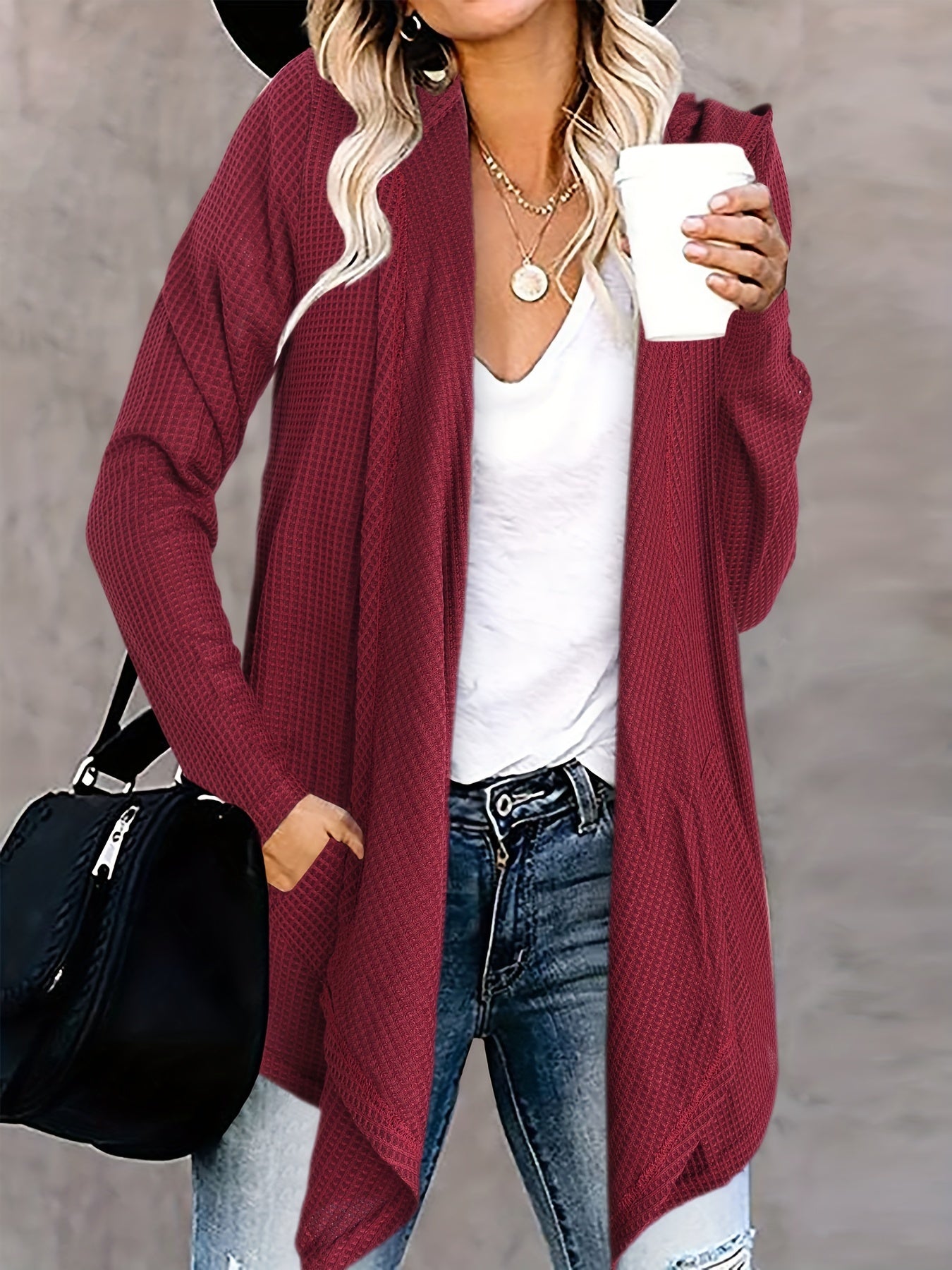Solid Waffle Pattern Cardigan with Pockets