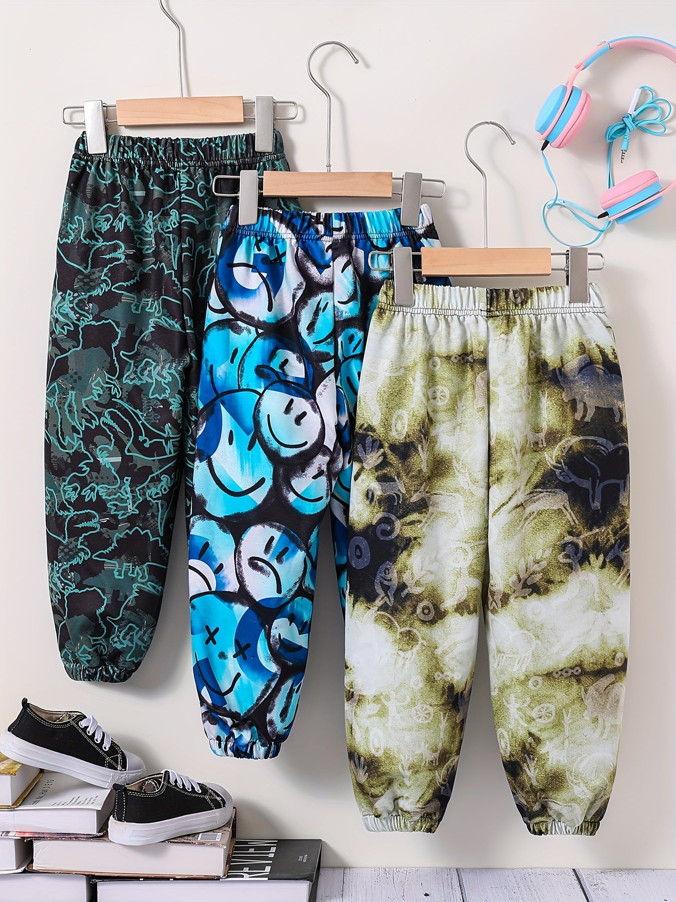 3pcs Boys Tie Dye Smiling Dinosaur Print Jogger Sports Pants