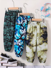 3pcs Boys Tie Dye Smiling Dinosaur Print Jogger Sports Pants