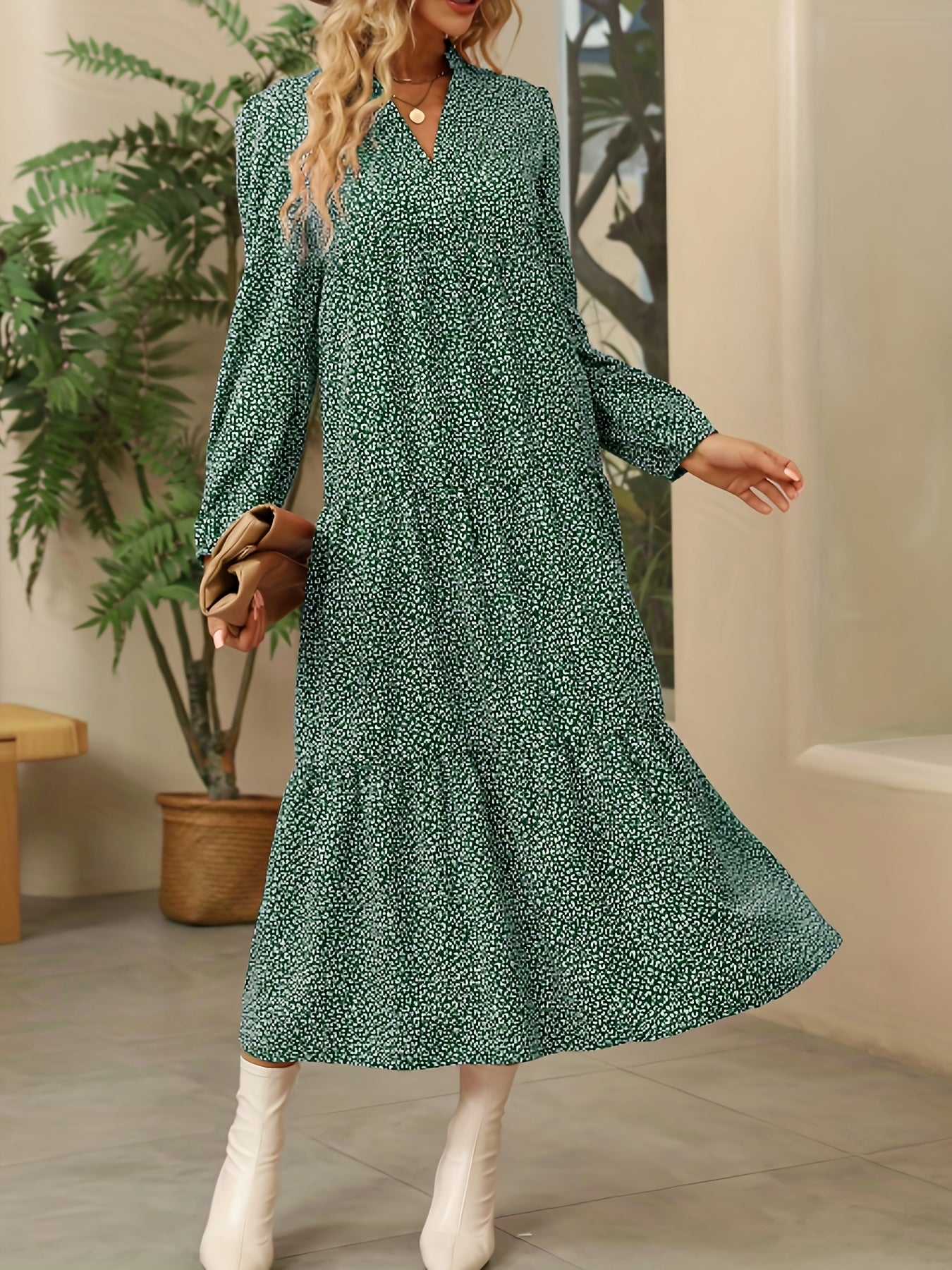 Leopard Print Tiered Dress V Neck Long Sleeve Maxi Dress Women's Clothing