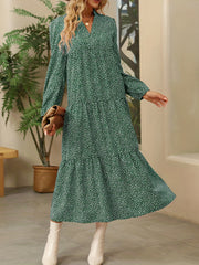 Leopard Print Tiered Dress V Neck Long Sleeve Maxi Dress Women's Clothing