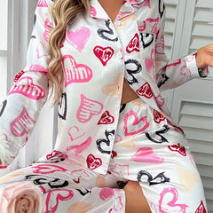 Heart Print Pajama Set Long Sleeve Top & Pants Women's Sleepwear