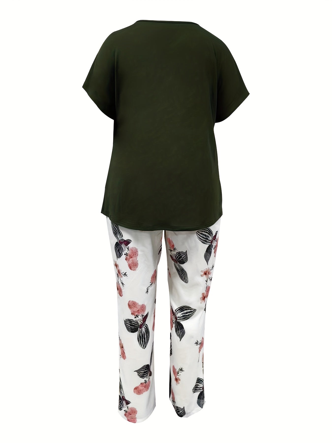 Casual Outfit Set Solid Top & Floral Print Pants