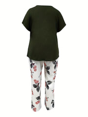 Casual Outfit Set Solid Top & Floral Print Pants