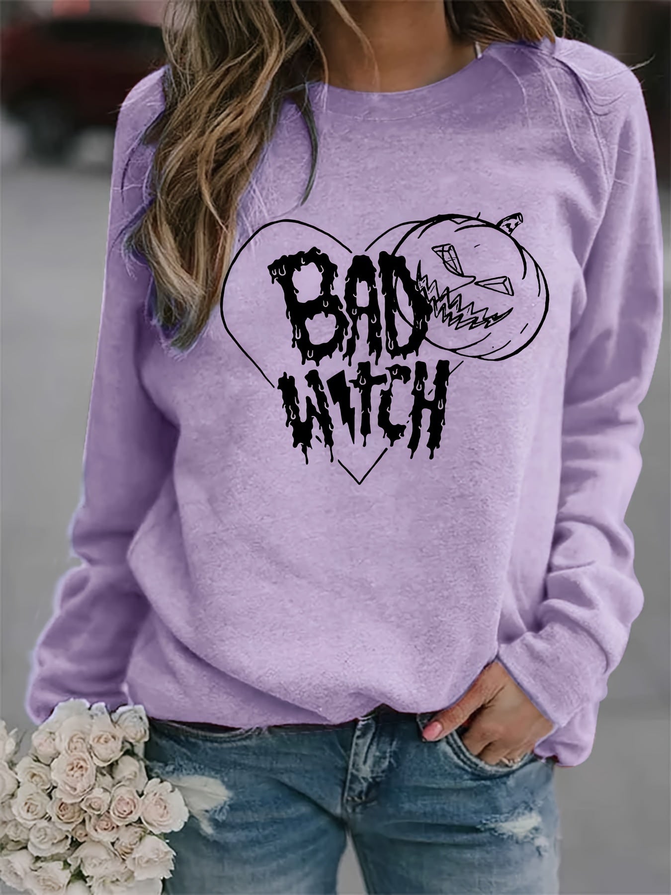 Halloween Bad Witch Print Sweatshirt Long Sleeve Crew Neck Women's Clothing