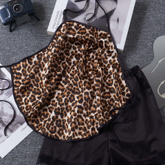 Leopard Print Pajama Set Halter Lace Up Cami Top & Lace Trim Shorts