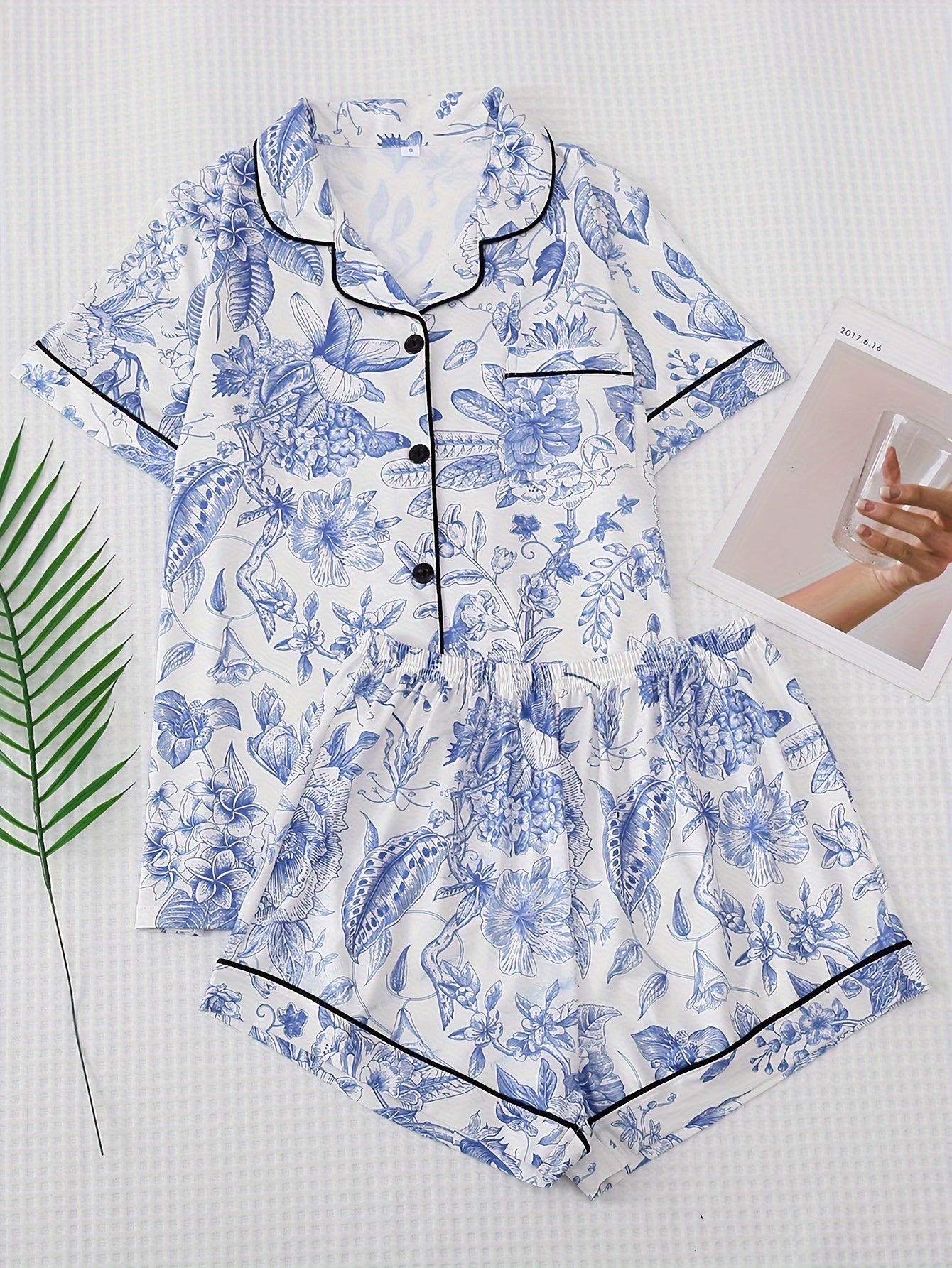 Floral Print Pajama Set Short Sleeve Top & Long Sleeve Buttons Top & Shorts