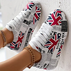 Women's Letter & Flag Print Sneakers Low Lace Up Flatform Shoes