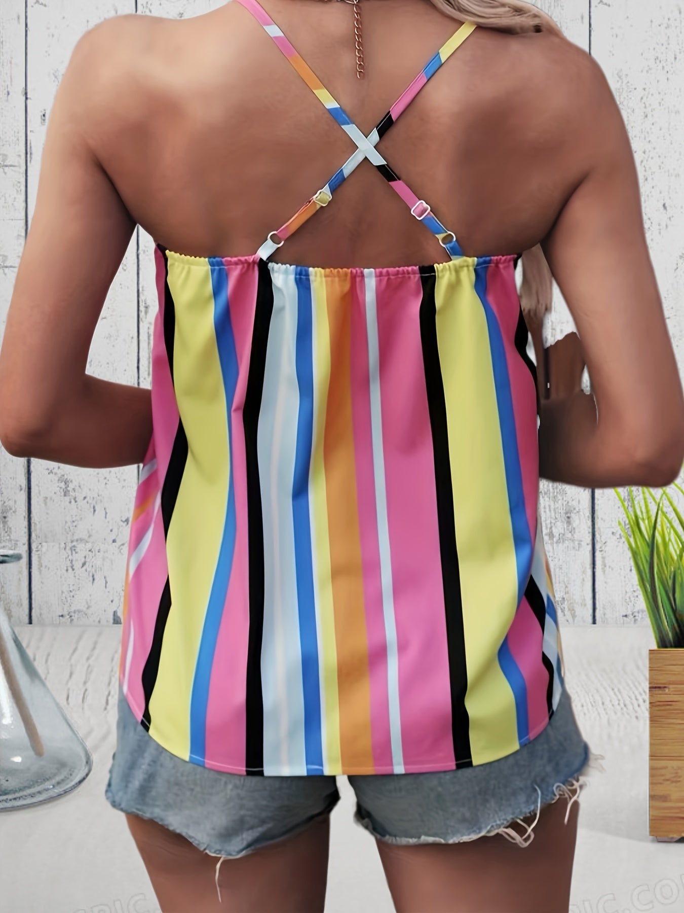 Striped Cami Top Criss Cross Back Casual Top Women's Clothing