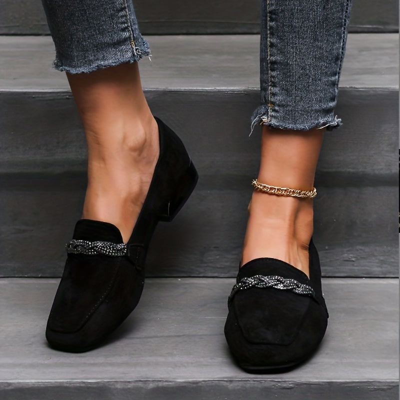 Rhinestone Loafers Square Toe Soft Sole Slip On Low Heels Shoes