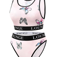 Sporty Underwear Set Women's Plus Butterfly Print Letter Tape