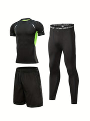 Men's 3-Pc Short Sleeve T-shirt Shorts Leggings Quick Drying Gym Outfit
