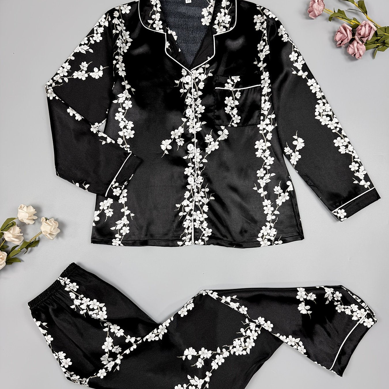 Floral Print Satin Pajama Set Contrast Trim Long Sleeve Button Up Top & Pants