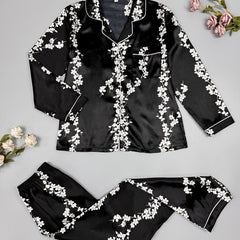 Floral Print Satin Pajama Set Contrast Trim Long Sleeve Button Up Top & Pants