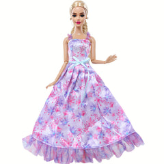Purple Floral Print Doll Wedding Dress Polyester Sling Princess