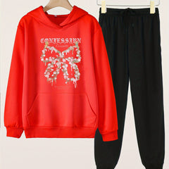 2pcs Floral Bowknot Print Outfit For Girls Hoodie & Pants Set
