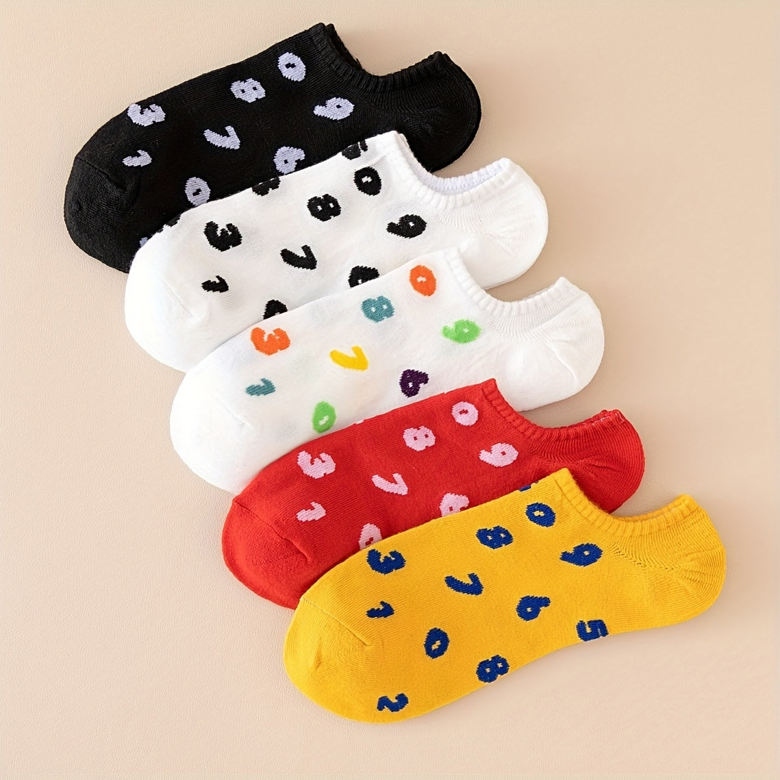 5 10 Pairs Number Print Socks Soft Lightweight Low Cut Ankle Socks