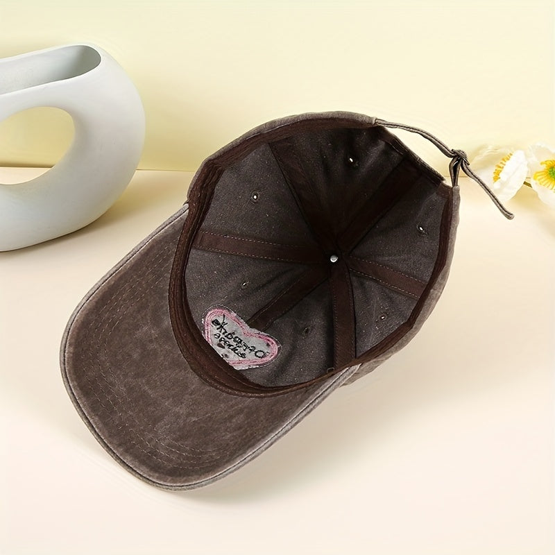Paris Embroidery Baseball Cap Gray Heart Patch Distressed Dad Hat