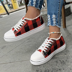 Women's Plaid Canvas Low Top Flat Sneakers Lace Up Walking Shoes
